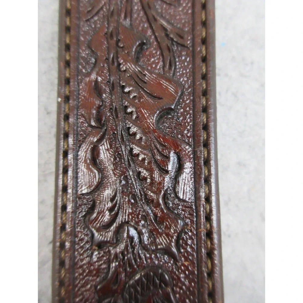 R.P. Megar Tooled Western Leather Belt Mens 32 Brown Silver Buckle Texas Cowboy